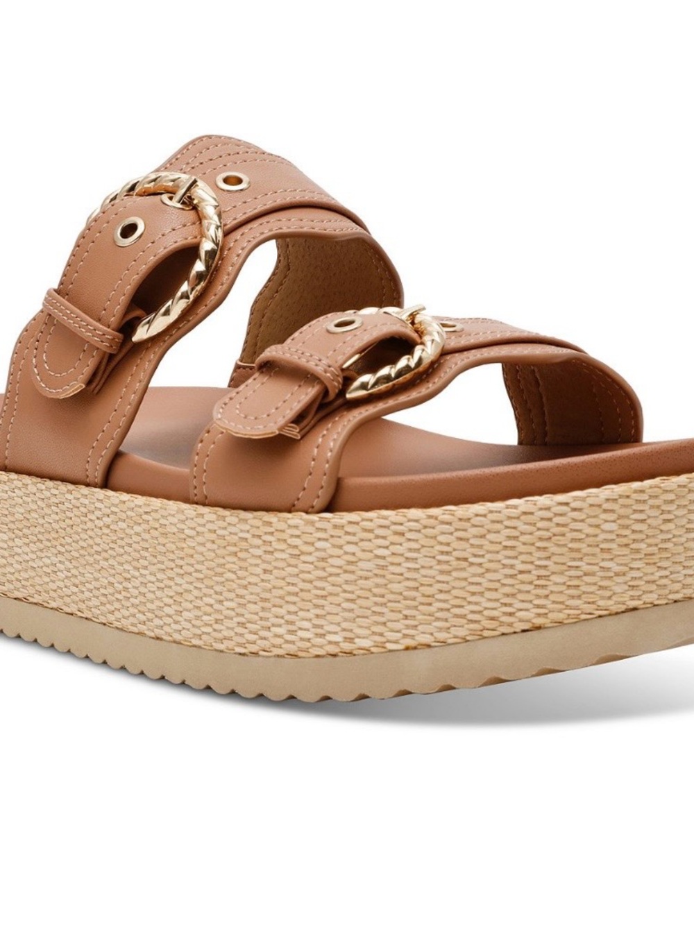 *NEW* Dolce Vita Double Band Tan Platform Slide Sandals w. Gold Buckle Accents 6